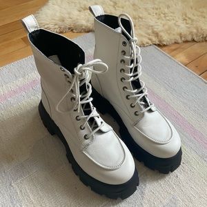 L'Intervalle white leather platform boots